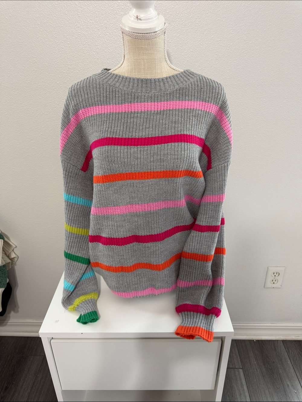 Altar'd State Gray Crewneck Sweater with Bright Stripe Accents
